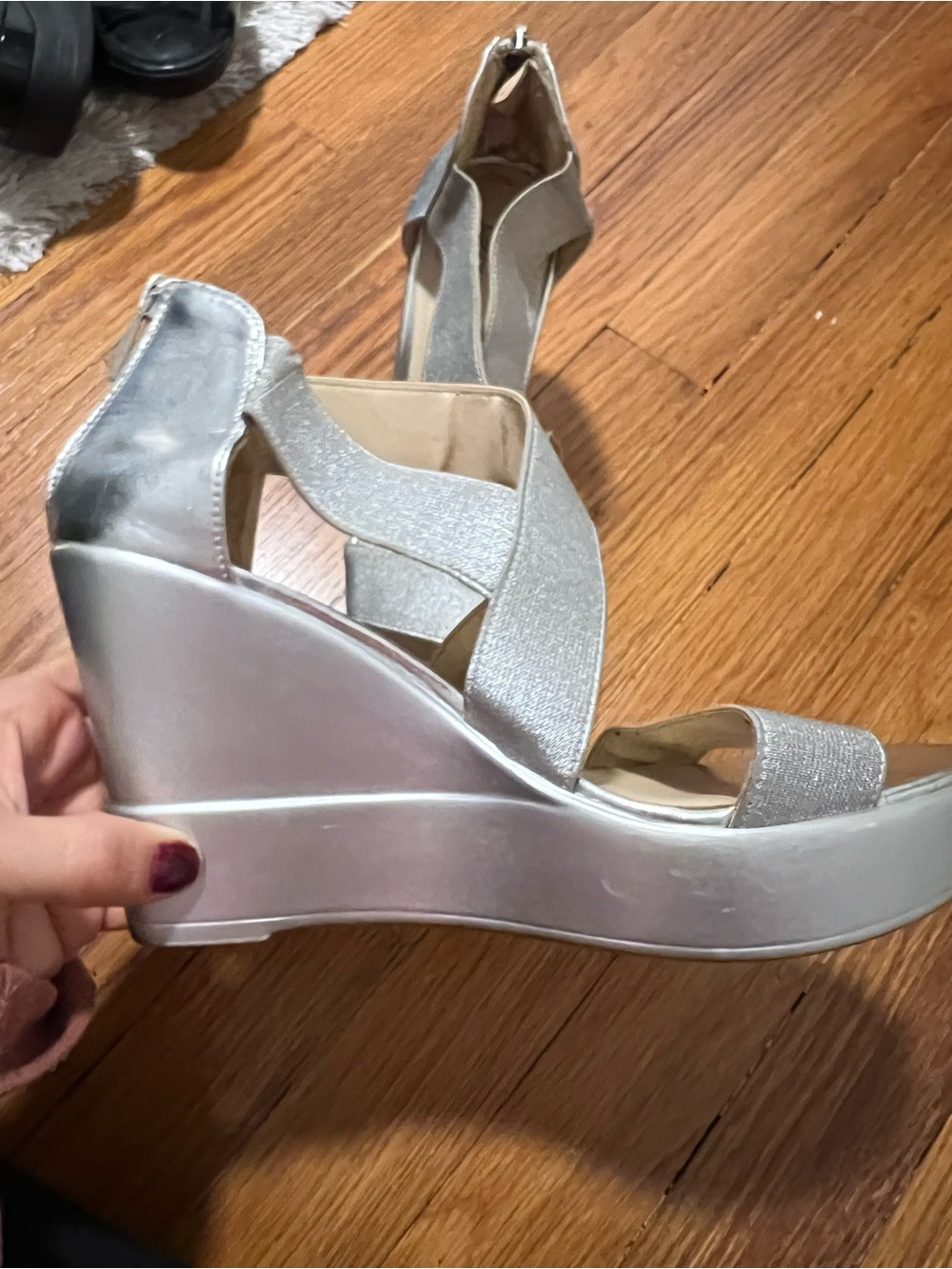 Women's Silver Wedge Sandals with Sparkle Straps